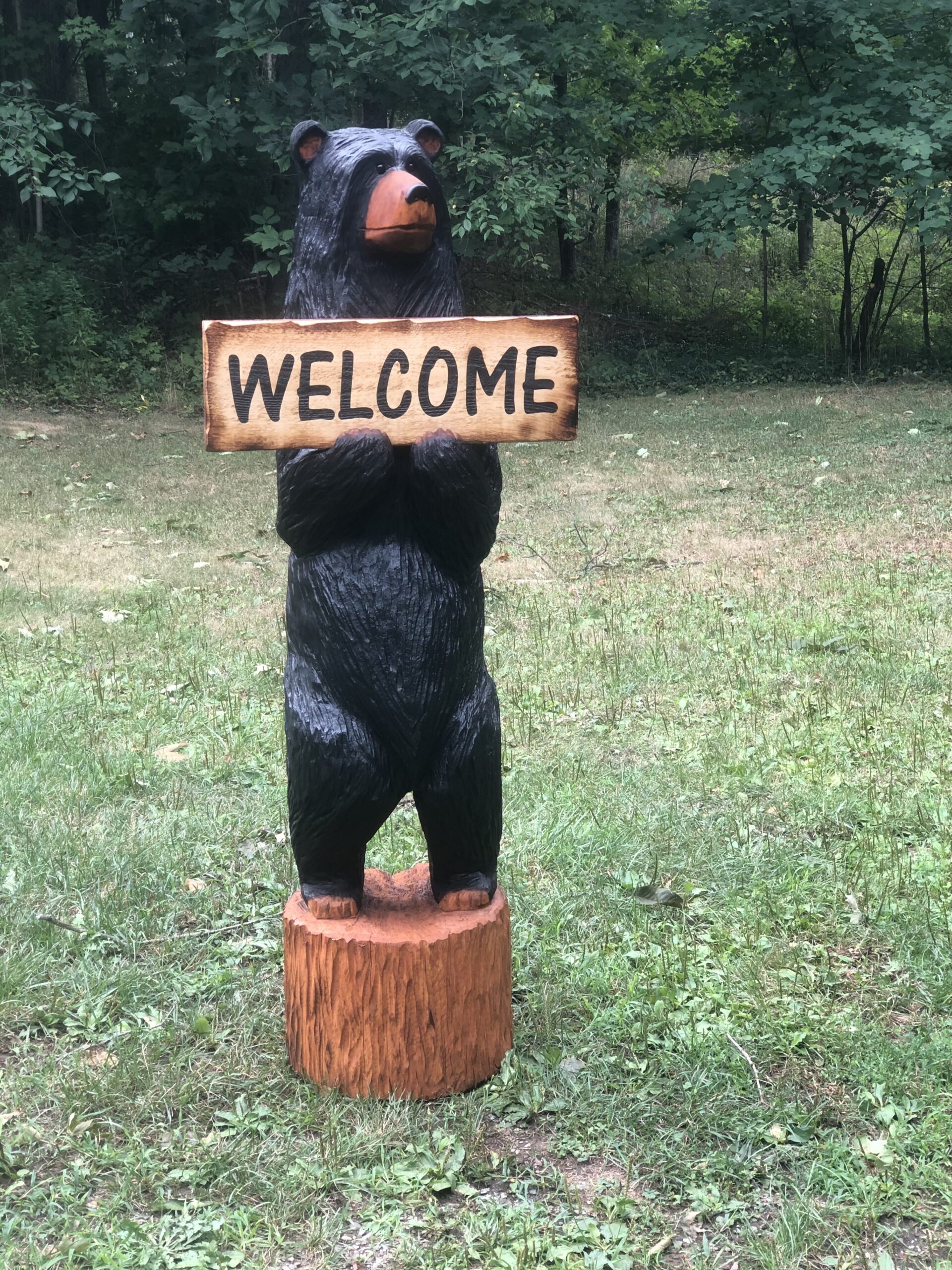 chainsaw carving bear with sign