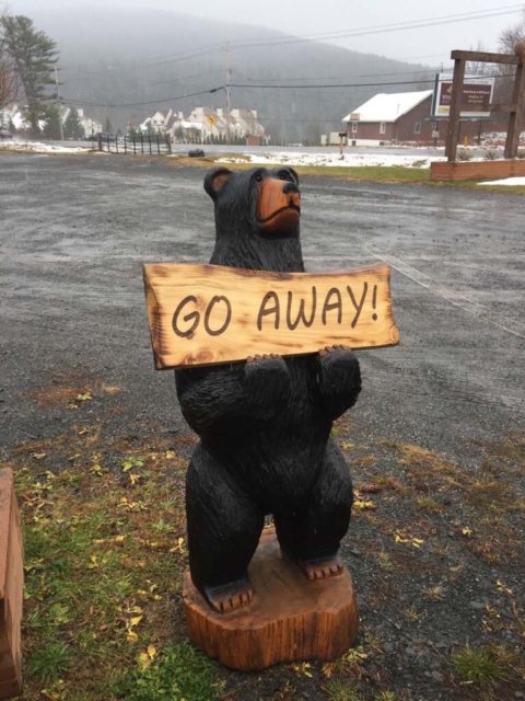 chainsaw carved bear with go away sign